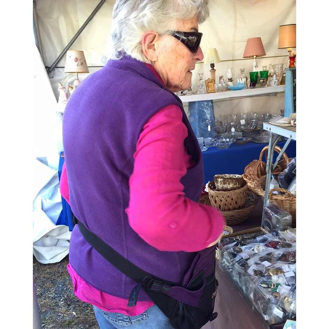 The best place to scope out fanny packs is at the fleas. She's so rad. She knows I love purple