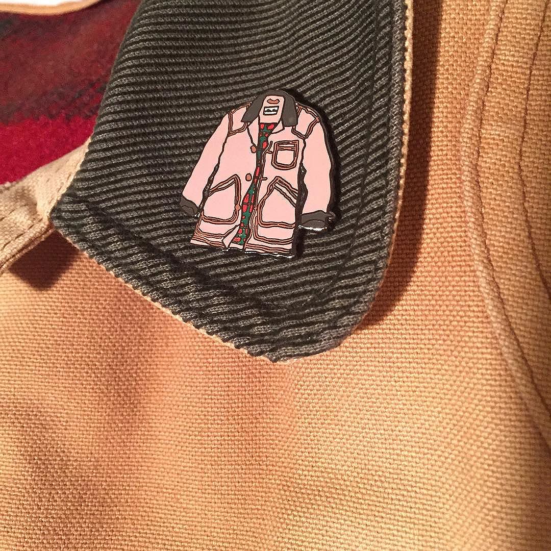 a jacket pin for your your jacket of choice. I prefer it on my 20+ yr old jacket as shown. I made some pins out of drawings by @maryandmatt of some of my favorite things. They launch at noon today @pintrill