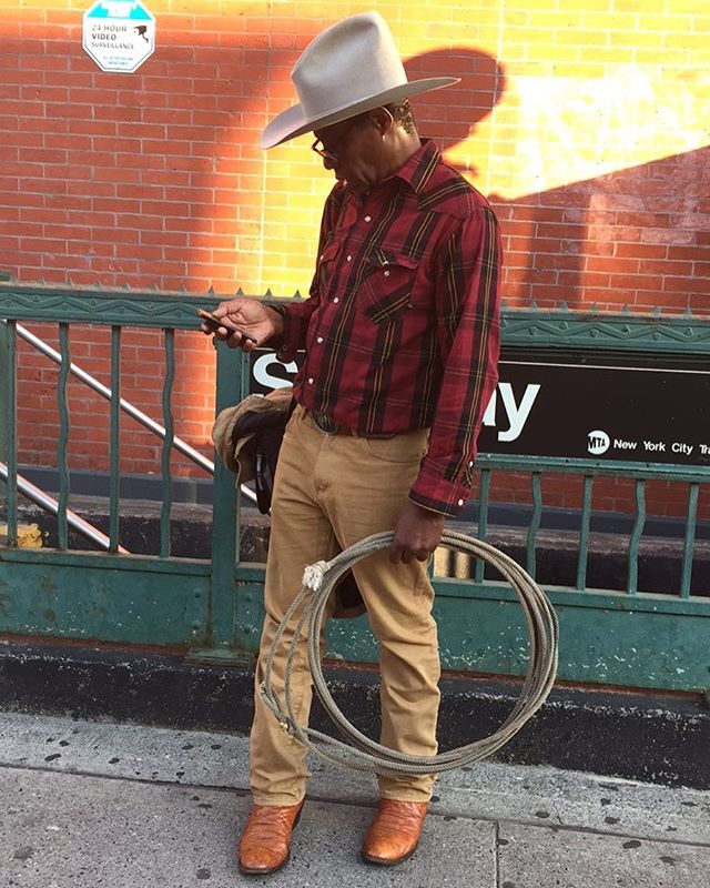 this evening in brooklyn. he was on way to a casting call ("they were looking for a cowboy to lasso") and was lost. i helped him find his way, it was for a show called High Maintenance I think he said.