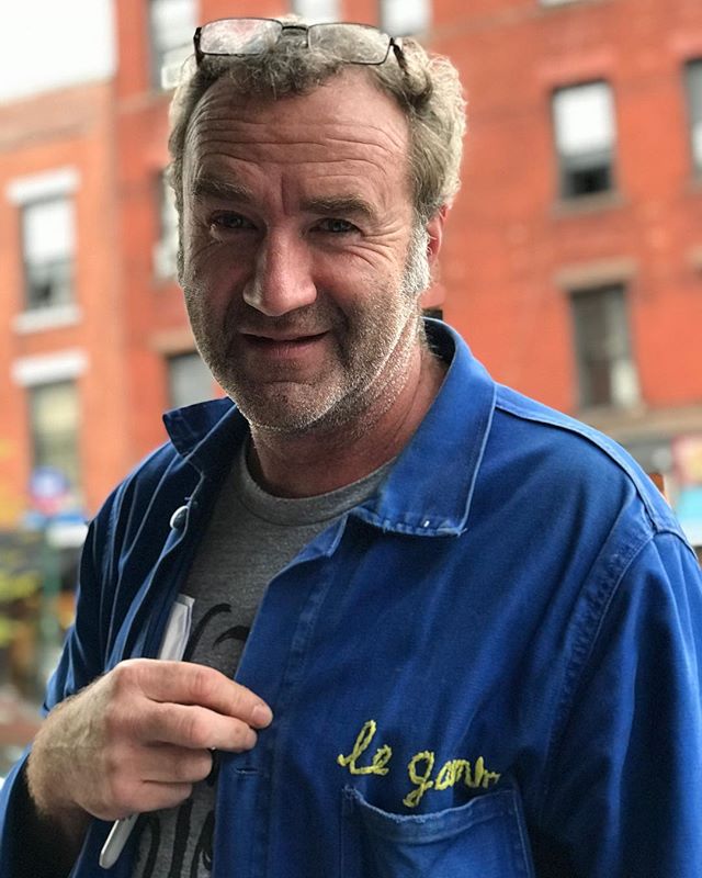 French blue workwear on a french dude working. I love hand embroidery so so much